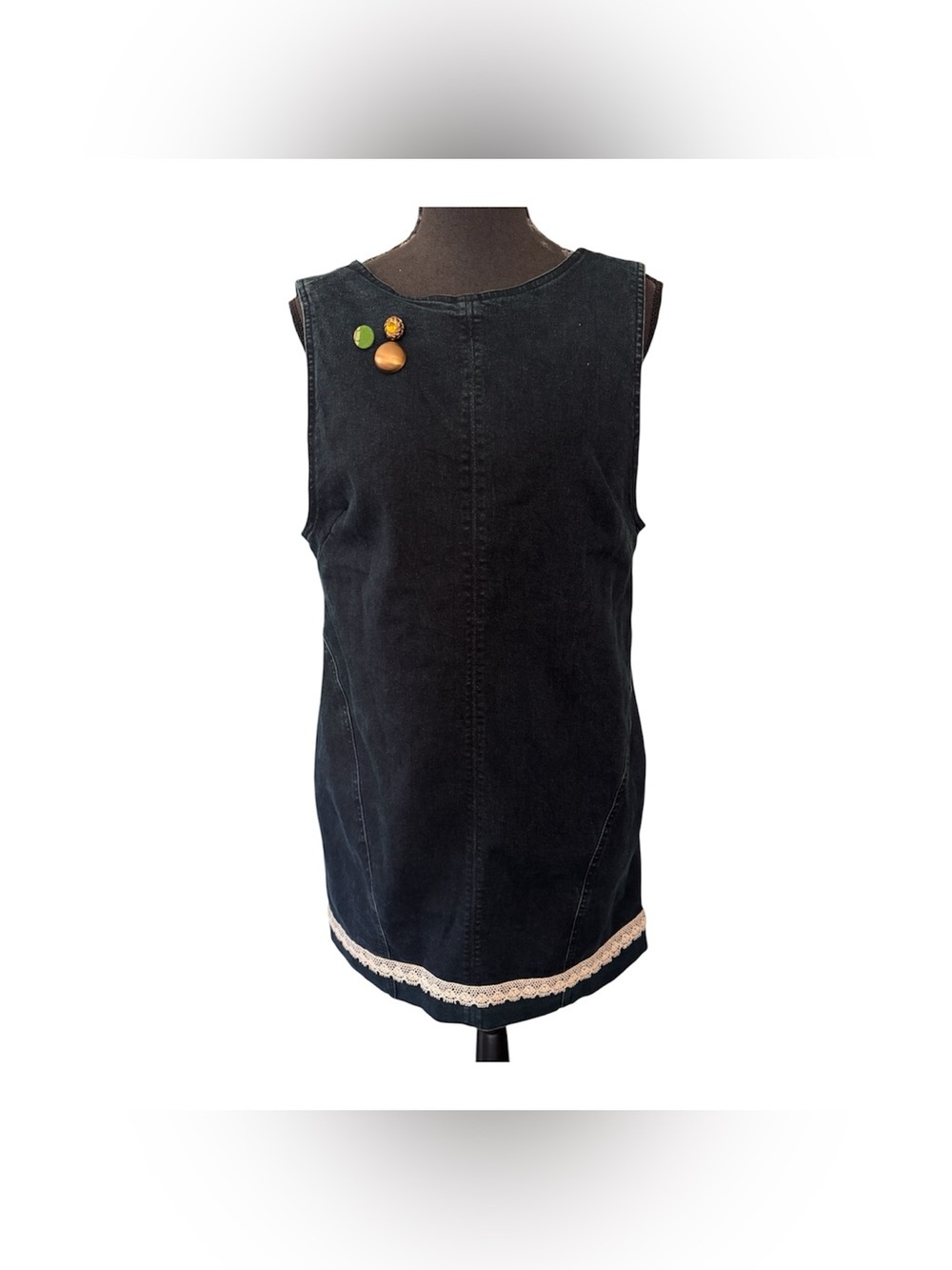 Reworked Free People Dark Denim Sleeveless Tunic with Cream Lace Hem, Size M